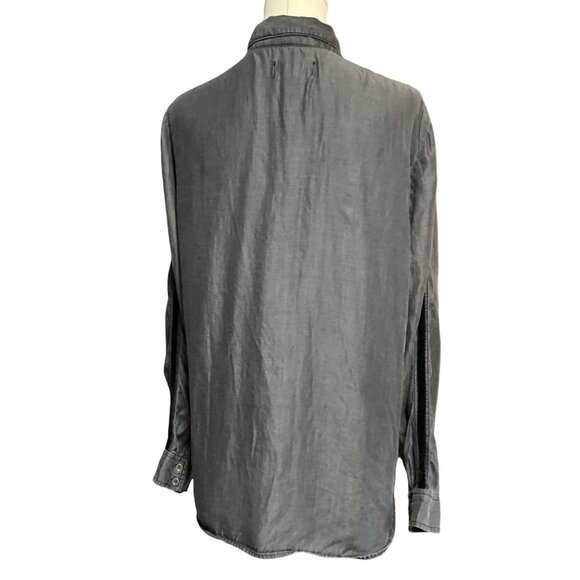 Dark Grey Chambray Boyfriend Shirt w/ Velour Tuxedo Stripe - Picture 2 of 3
